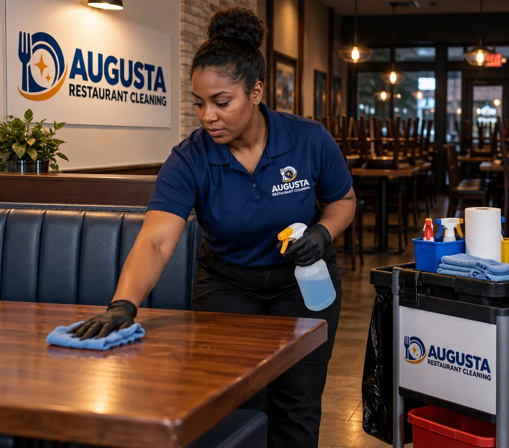 Night-cleaning crew member sanitizing restaurant tables and booths in a closed dining room