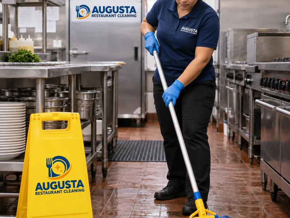 Cleaner mopping a commercial kitchen walkway beside stainless prep tables and a wet floor sign