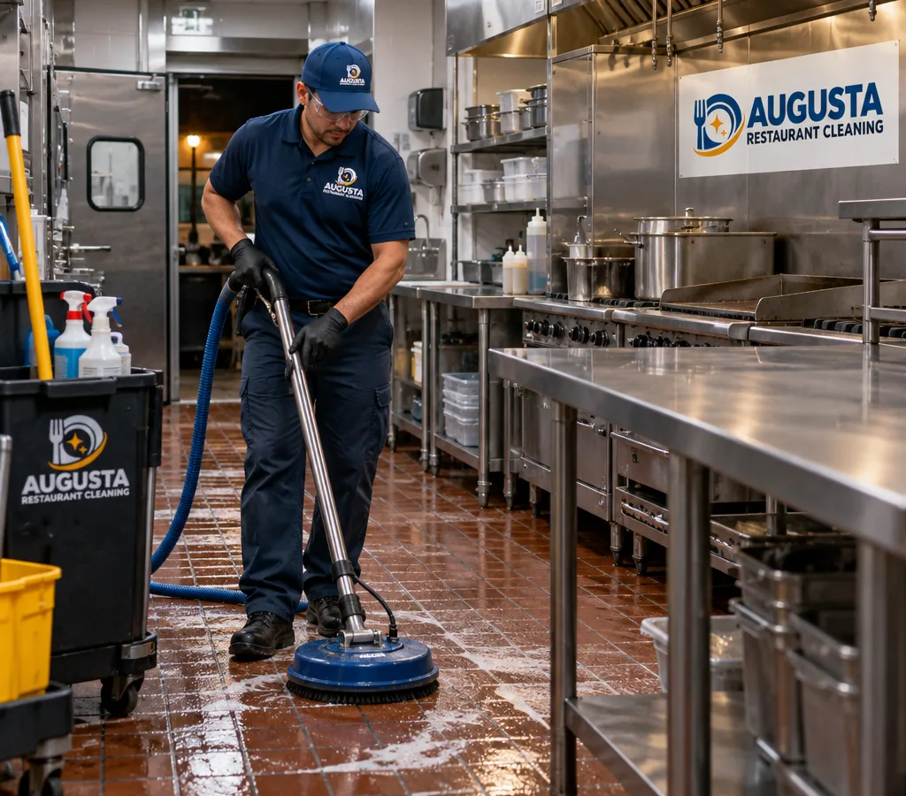 Cleaner in protective equipment detailing a stainless commercial kitchen after hours