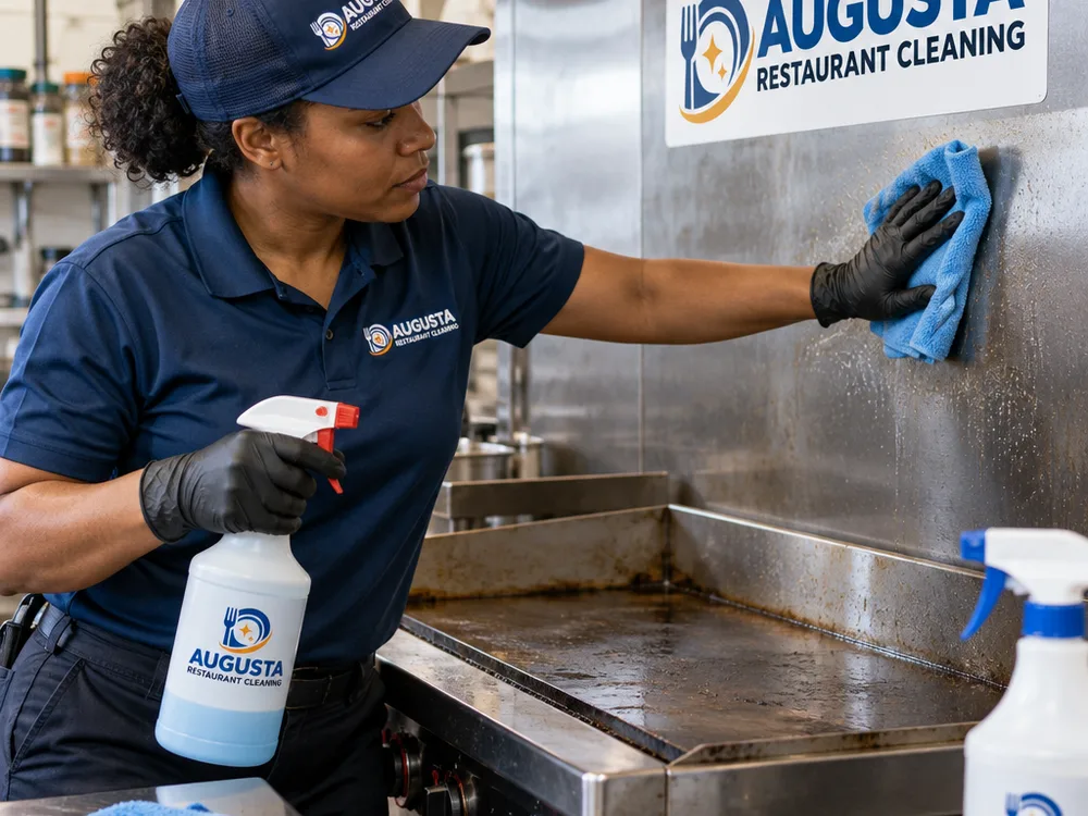 Cleaner detailing stainless equipment and backsplash on a restaurant cook line