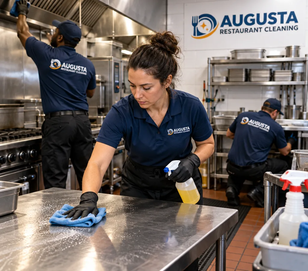 Professional cleaners degreasing stainless prep tables and sanitizing surfaces during a commercial kitchen deep clean