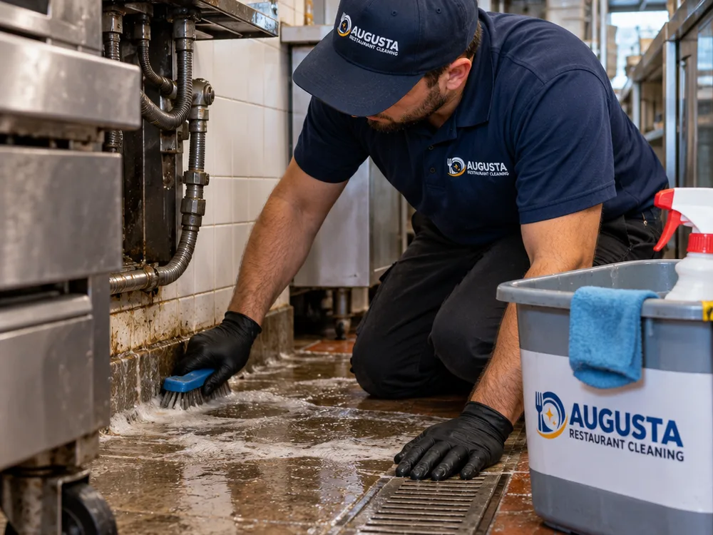 Cleaner hand-scrubbing a commercial kitchen floor-wall junction beneath pulled-out equipment