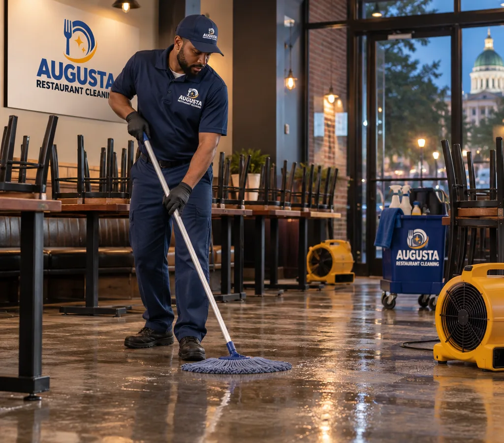 Professional cleaner mopping a restaurant dining room after close with tables lifted and floor-drying fans staged
