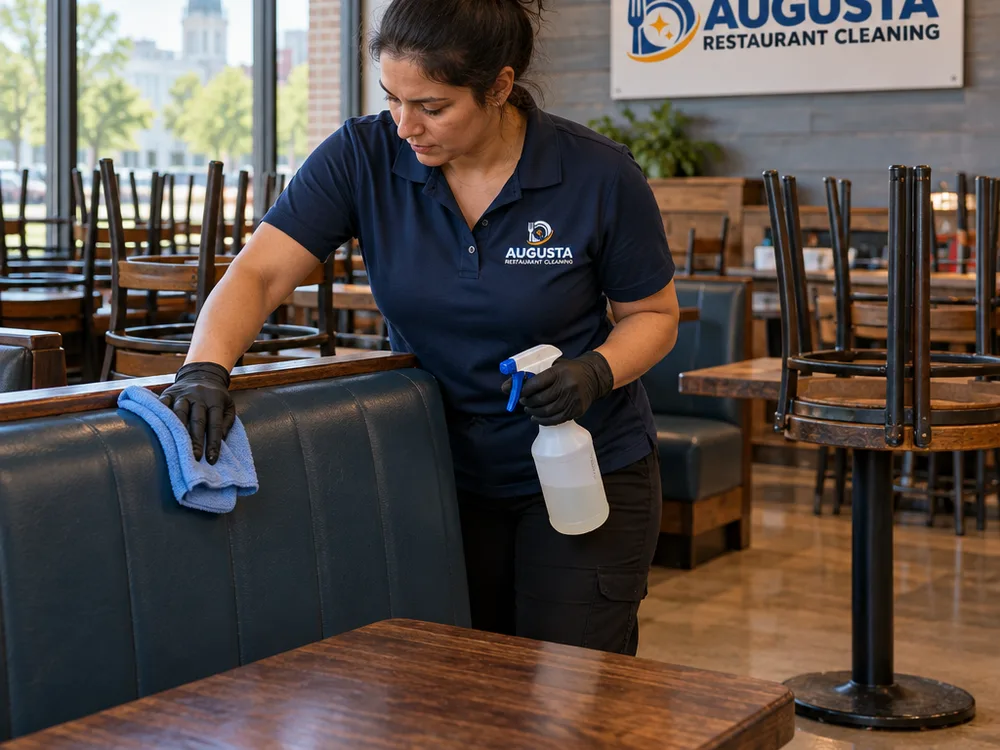 Cleaner wiping booth backs and table bases in a restaurant dining room with chairs stacked
