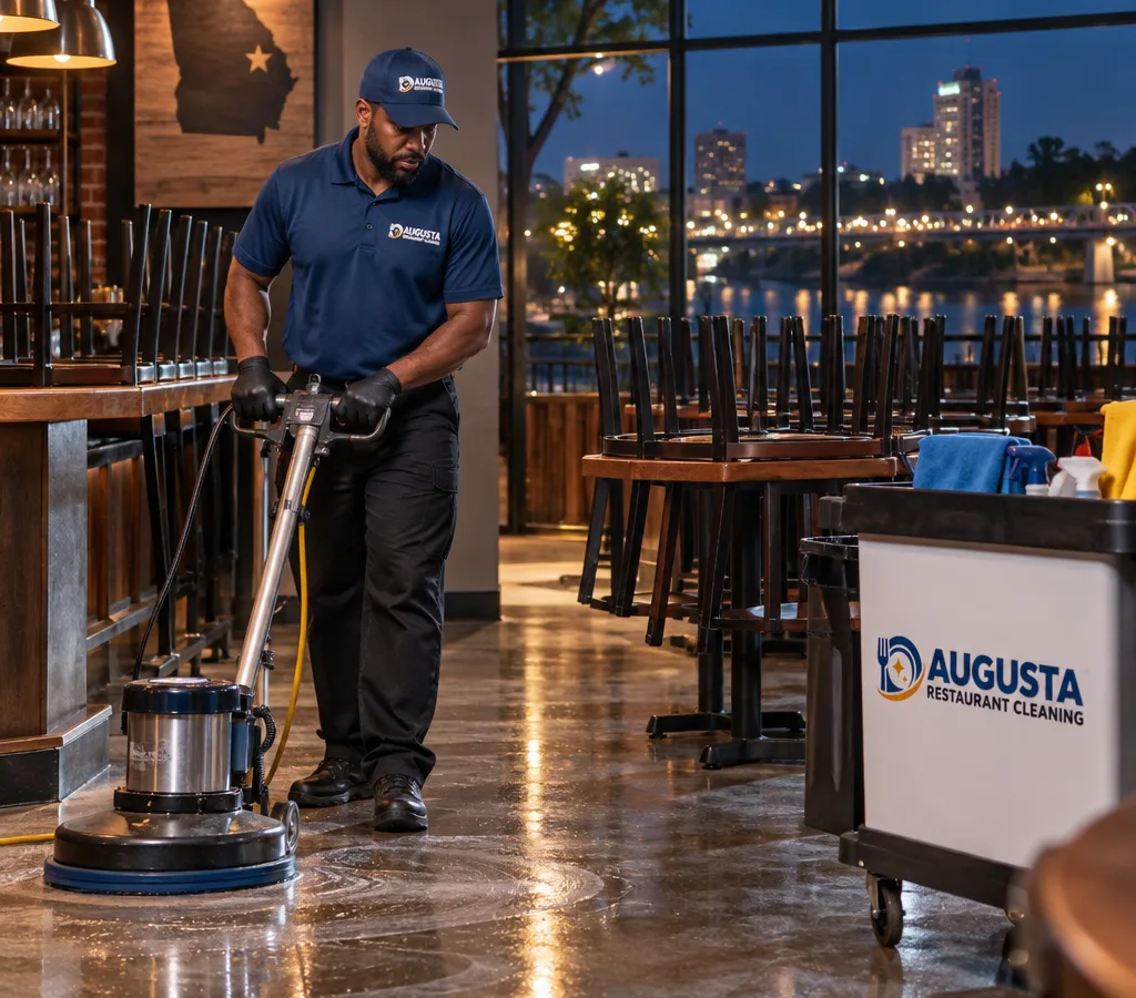 Professional cleaner sanitizing a restaurant dining area after hours with chairs raised and floors being detailed