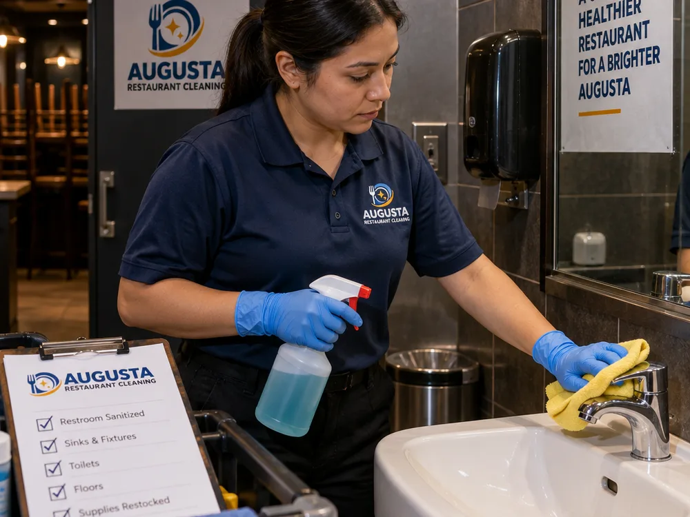 Cleaner in gloves disinfecting a restaurant restroom sink and fixtures at night with a checklist clipboard visible