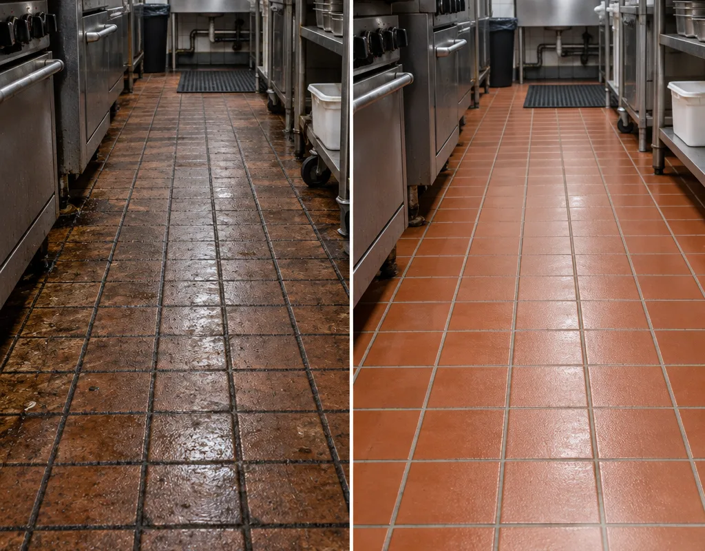 Before and after view of a restaurant cook-line walkway with cleaner grout and quarry tile after degreasing