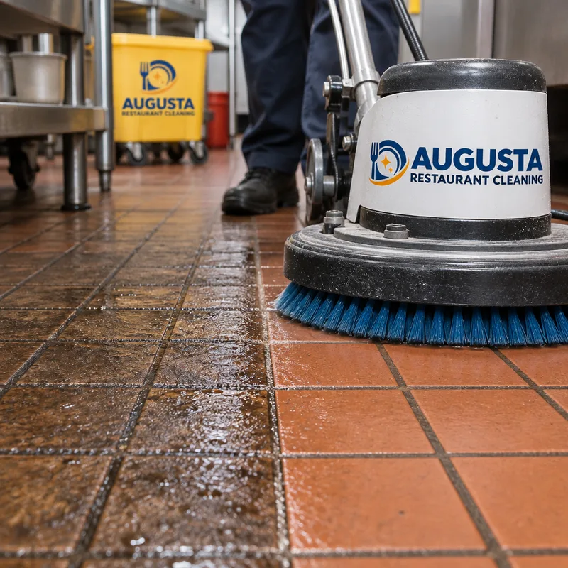 Quarry tile and grout during commercial cleaning with a floor scrubber working across embedded grease