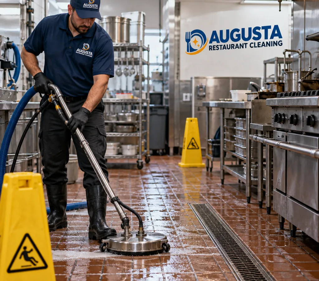Technician cleaning greasy quarry tile and floor drains in a commercial restaurant kitchen