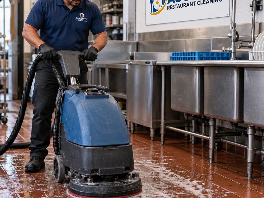 Floor scrubber cleaning quarry tile near a dish area with controlled water flow toward a floor drain