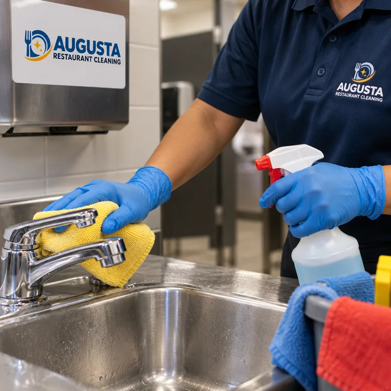 Gloved cleaner disinfecting a commercial restroom sink using separate color-coded tools