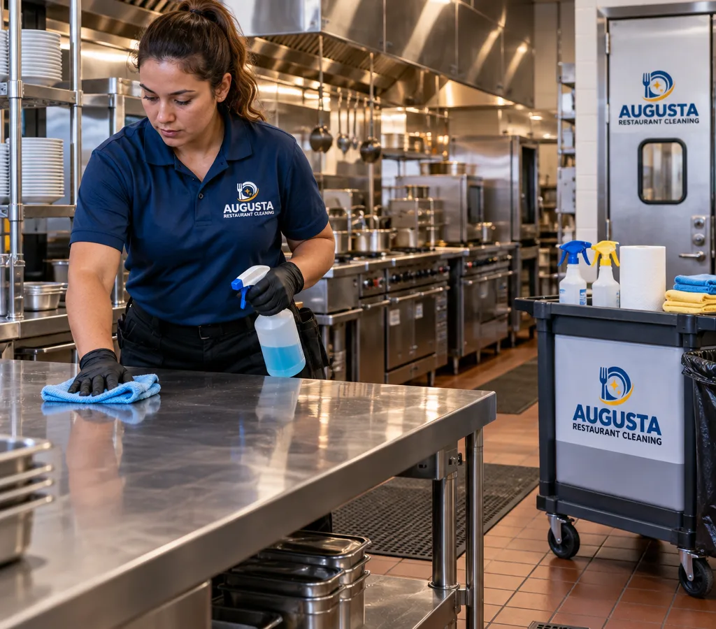 Cleaner wiping stainless prep tables in an orderly commercial kitchen after hours