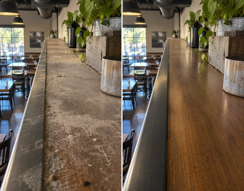 Before-and-after view of an overhead shelf and ledge following high dusting