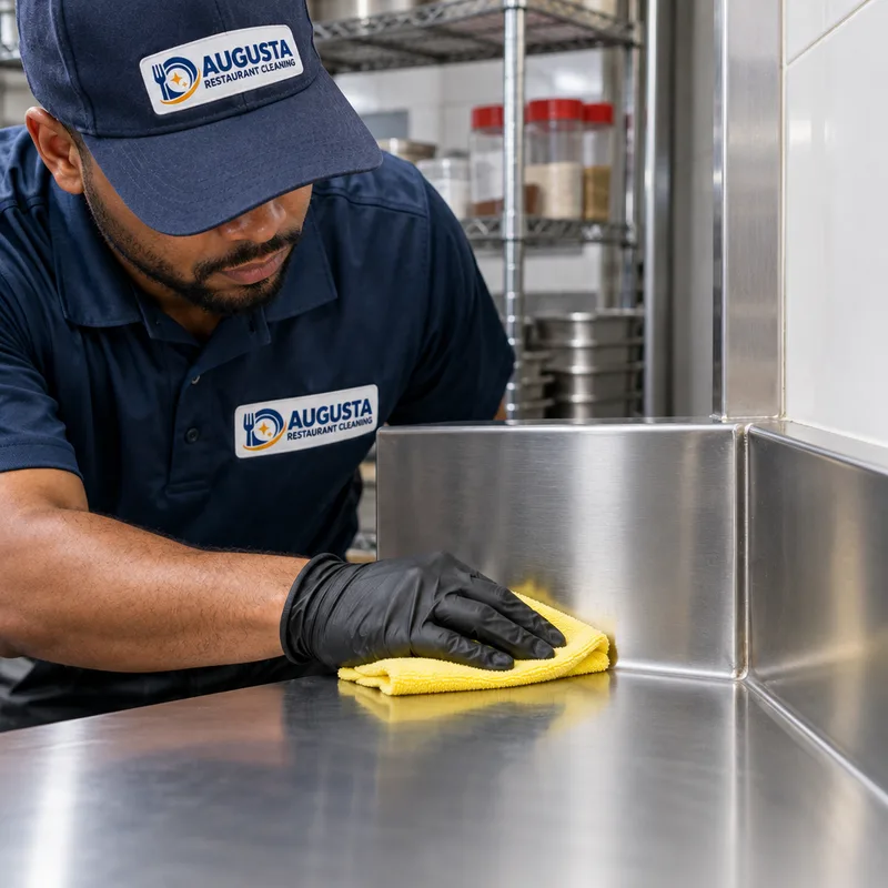 Clean stainless prep table edges, backsplash corner, and streak-free seams after degreasing