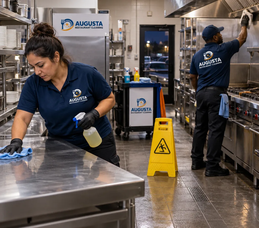 After-hours restaurant kitchen cleaning around stainless prep surfaces and a commercial cook line