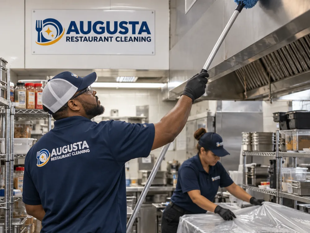 Technician high dusting above a protected commercial prep area with an extendable microfiber tool