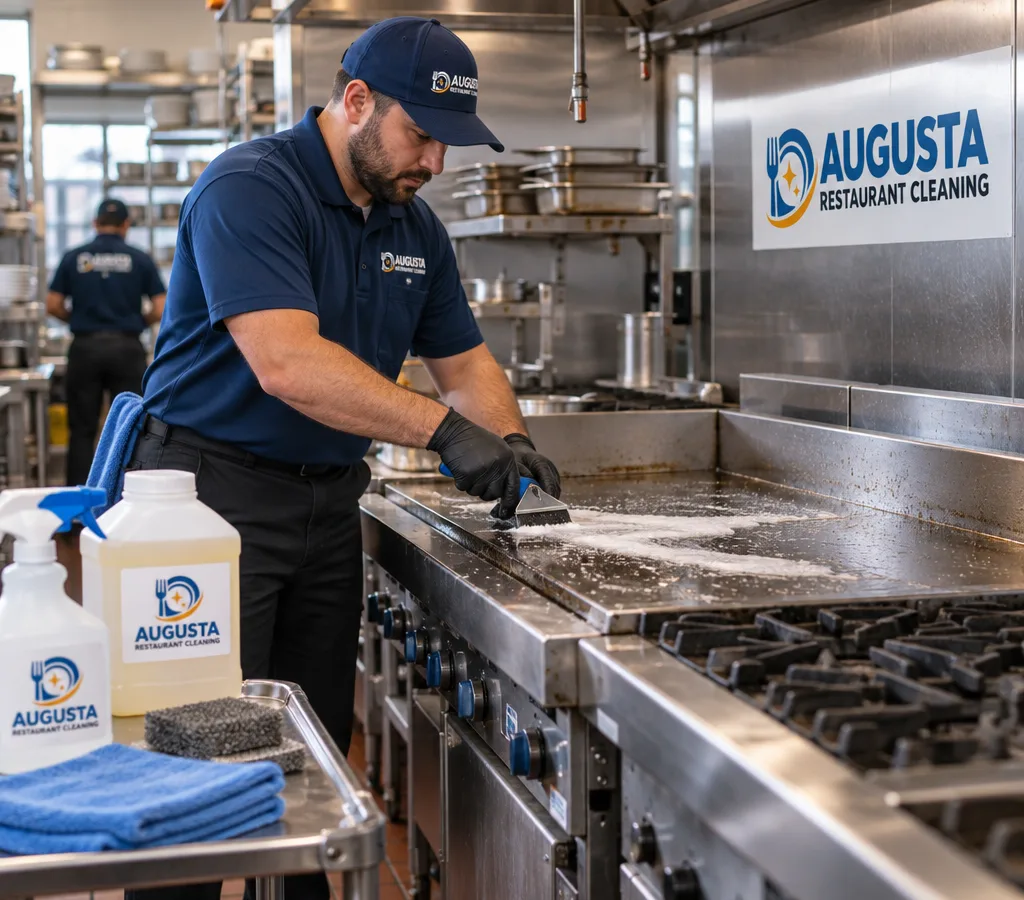 Technician cleaning a commercial range and surrounding stainless surfaces in a working restaurant kitchen