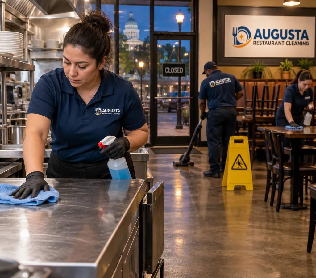 Cleaner sanitizing stainless prep tables after hours while the restaurant dining area is cleaned