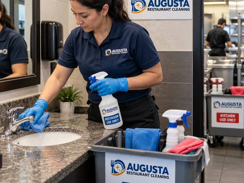 Cleaner using color-coded supplies while cleaning a restaurant restroom sink area