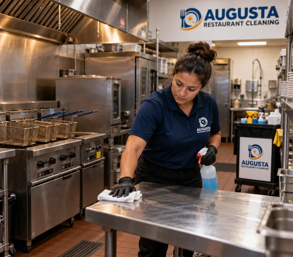 Cleaner sanitizing stainless prep tables in a commercial restaurant kitchen after hours