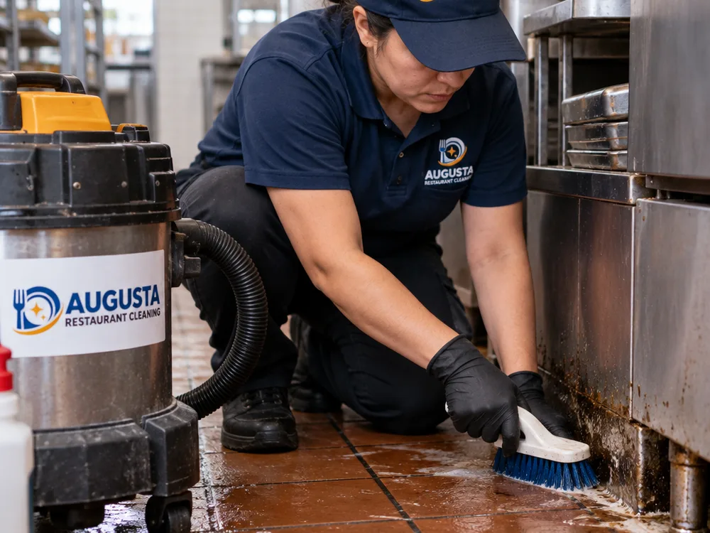 Cleaner detail-scrubbing a grease-prone commercial kitchen floor edge near a prep line