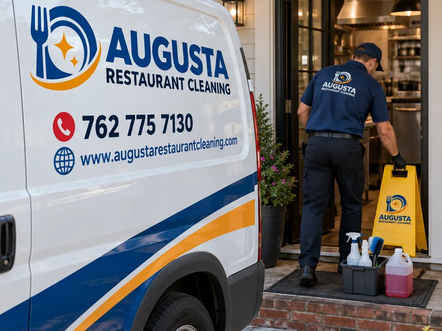 Restaurant cleaning technician staging caution signage, degreaser, and brushes at a commercial kitchen entrance
