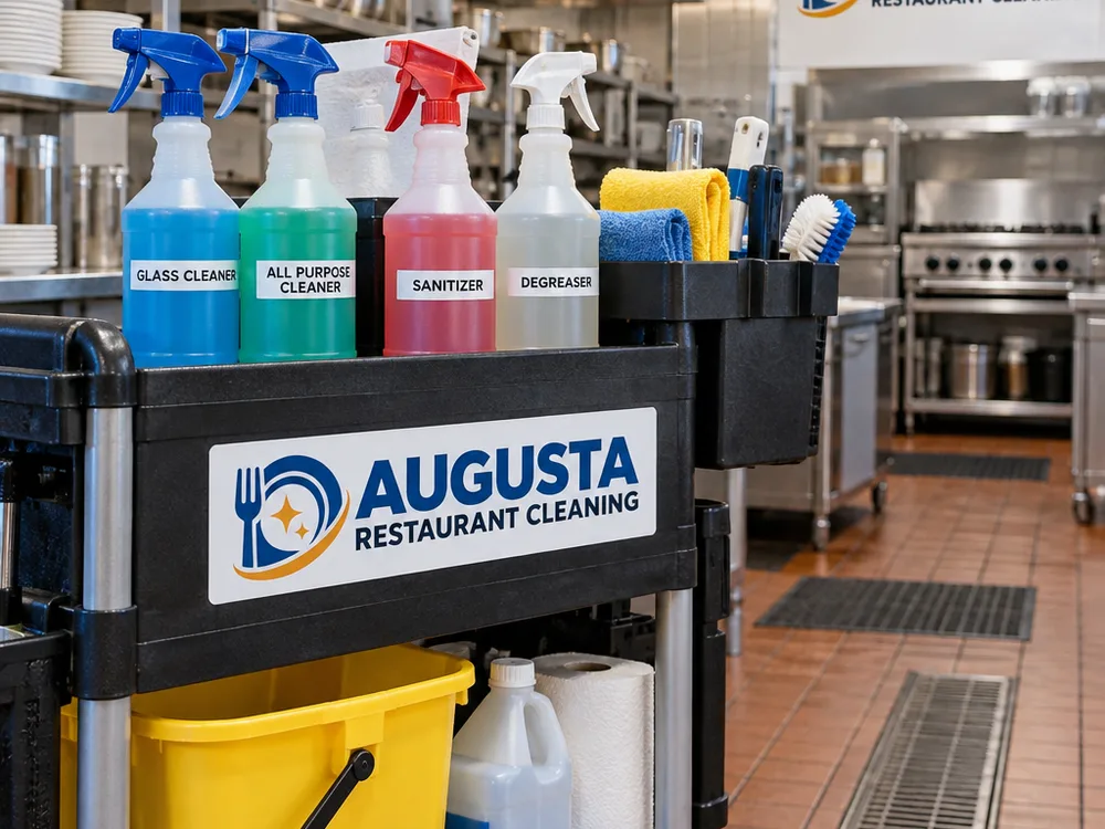 Organized cleaning supplies and labeled chemicals on a cart in a commercial service area